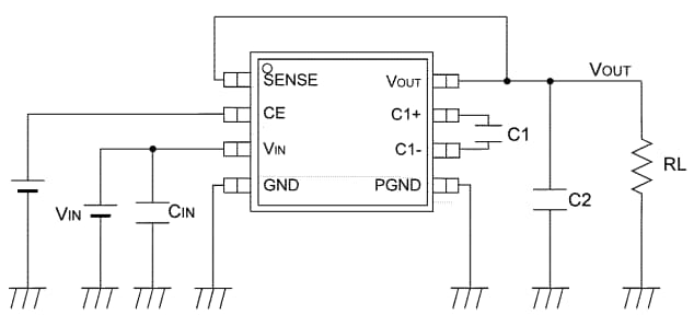 Application Circuit Diagram - Torex Semiconductor XC980x Regulated Voltage Step-Up Charge Pump ICs
