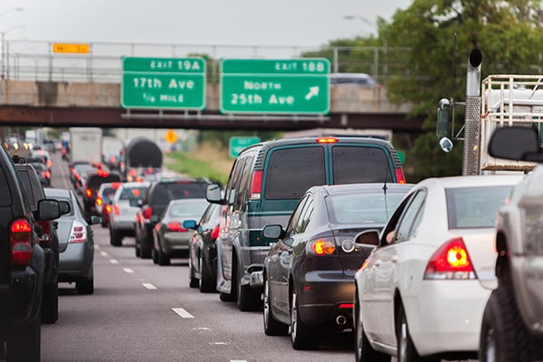 Streetview with many cars at a standstill