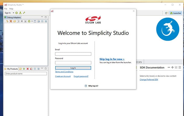 Silicon Labs login screen within Simplicity Studio.