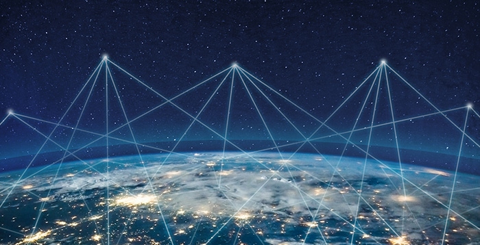 Global communication technology and telecommunication financial network around planet Earth. Blockchain and cryptocurrency concept with copyspace. IOT. Elements of this photo furnished by NASA.