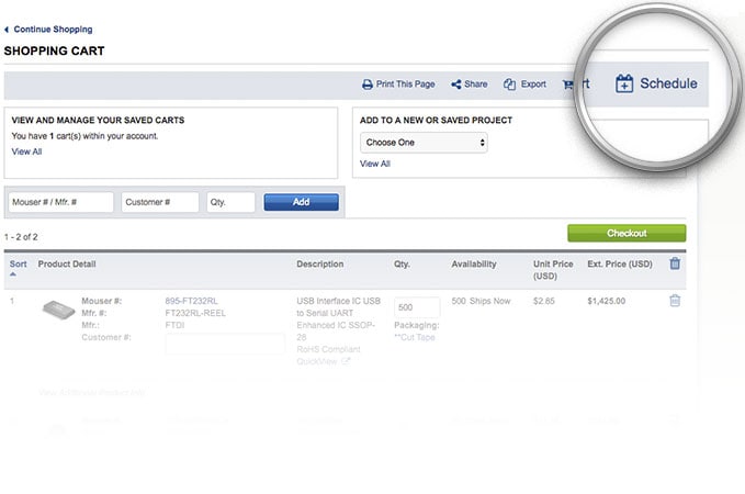 Knappen Schemalägg Order markerad på sidan för din varukorg.