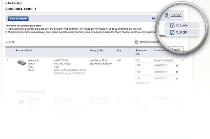 Listmenyn för exportalternativ på sidan för schemaläggning av order.